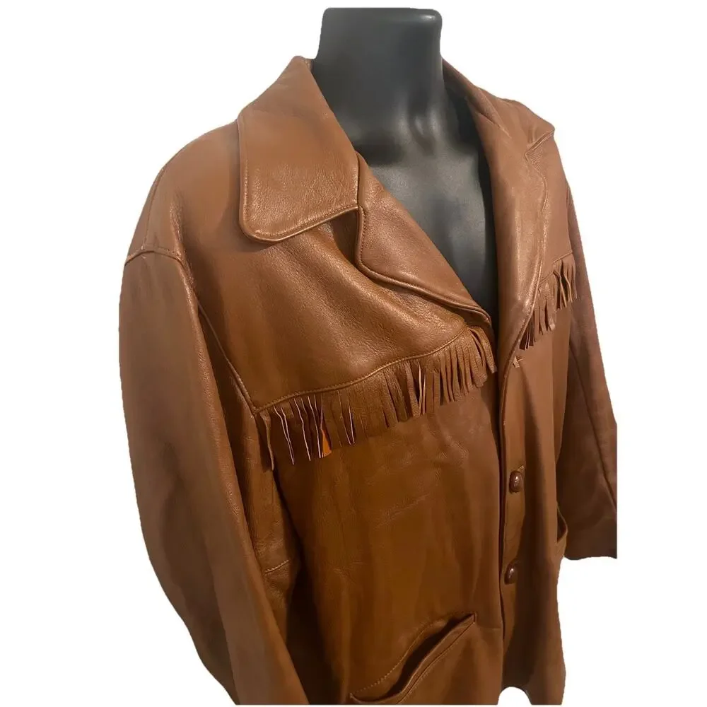 VTG 70s Deerskin Leather Jacket Fringe Western Belted Dagger Rock Brown L/XL 46